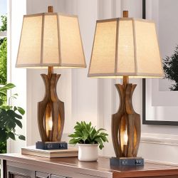 "LARK MANOR Louann 26 ""wood grain table lamp with night light and dual USB ports (set of 2)"