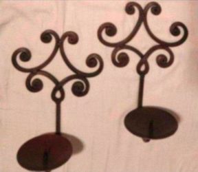 Set Of 2  Vintage Wall Mount Ornamental Iron Metal Pillar Candle Holder Sconces