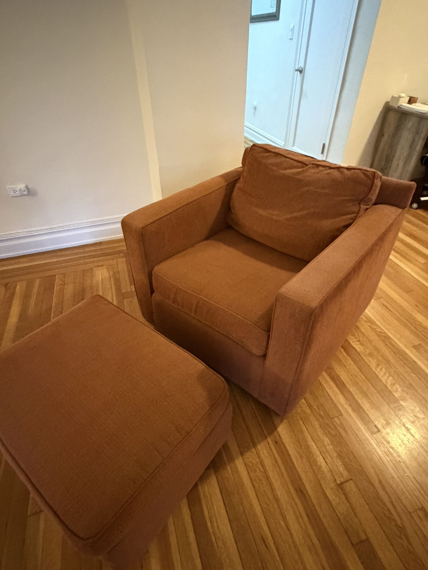 Crate & Barrel Burnt Orange Chair + Ottoman
