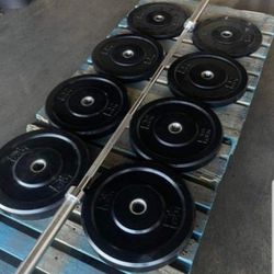 Olympic Rubber Bumper Plates 230lbs | 7ft 45lbs Olympic Barbell W/ Clips | New In Boxes | Gym Equipment | Fitness 