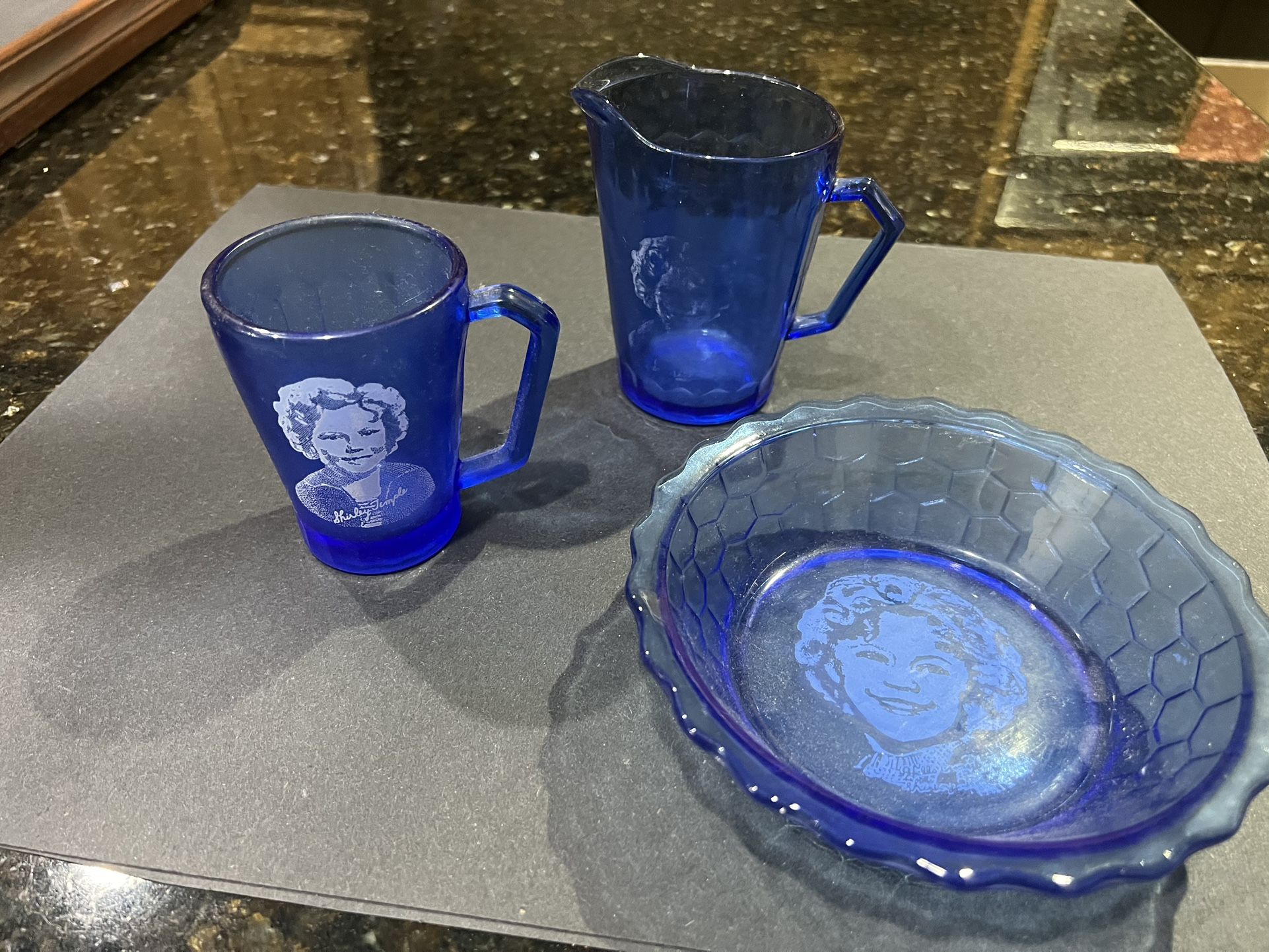 Vintage Shirley Temple Atlas Cobalt Blue Cereal Bowl, Pitcher and Cup