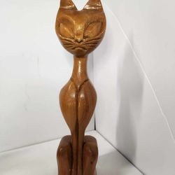 Vintage Carved Monkey Pod Wood Cat Statue Phillipines MCM Mid Century Modern