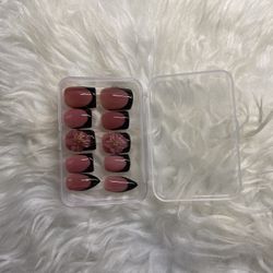 Black French Tip Nails With 3d Flower