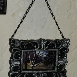 VINTAGE ORNATE BLACK GOTHIC VICTORIAN SILVER FRAMED DARK FOREST TREE METAL CHAIN MINI PICTURE ART DECOR