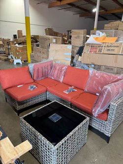 5-Piece Wicker Outdoor Sectional Set with Orange Red Cushion & Lighted Coffee Table for Patio, Deck, Yard