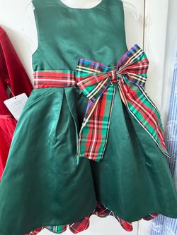 Girls Green Satin Holiday Dress with Plaid Bow