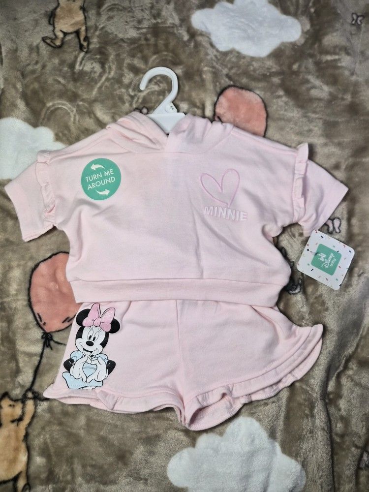 18 Months Minnie Mouse Light Pink Hoodie And Shorts Outfit - New