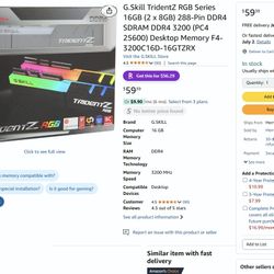 G.Skill TridentZ RGB Series 16GB (2 x 8GB) DDR4 3200 AMD XMP