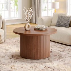 31.5" Round Coffee Table, Tambour Design Coffee Tables for Living Room, Mid Century Modern Wood Coffee Table, Drum Accent Small Center Table, Walnut