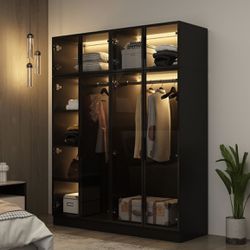 Large Glass Wardrobe Closet with Lights, Armoires and Wardrobes with 2 Hanging Rods, Bedroom Armoire Closet with Shelves, Armoire for Bedroom Black (5