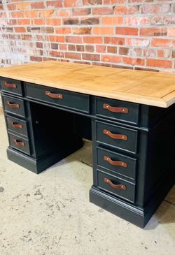 Refinished antique school desk.  Solid, stable, clean look