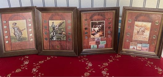 Vintage 4 Framed Western Coin & Stamp Sets The Forty Niners, The Trailblazers