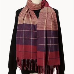 Elegant Geometric Grid Plaid Fringe Trim Thick Soft Warm Winter Scarf