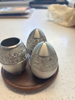 Pewter salt, pepper and toothpick holders $10