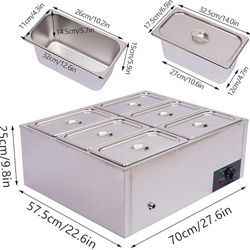 6-Pan Commercial Bain Marie Buffet Food Warmer, 850W 44Qt Electric Steam Table Food Warmer, Countertop Commercial Buffet Warmer, 86℉-185 Te