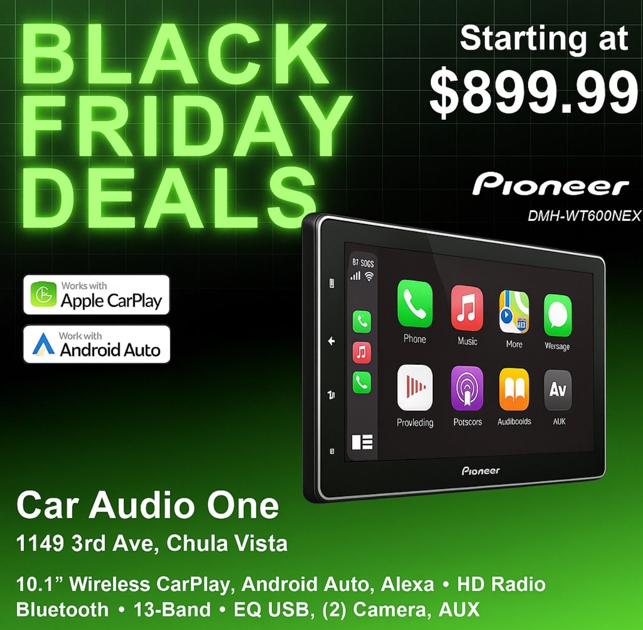 Pioneer DMH-WT6000NEX 10.1" Multimedia Digital Media Receiver Single Din - Built in WiFi, Bluetooth, Wireless Apple CarPlay, Android Auto, HD Radio, L