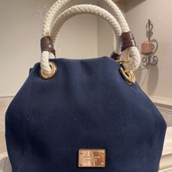 MICHAEL KORS Navy Blue Canvas Large Handbag Rope Handles Gold Details