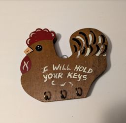 Key Holder Wooden Rooster  Hen Key Holder Wall Decor 3 Brass Hooks Handmade NWOT