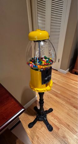 Vintage Yellow Pedestal Gumball Machine w/ Glass Globe – Cast Metal Display – 36”