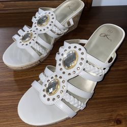Size 9 It’s OK White Wedge Sandals – Sparkling Jewel Accents + Cork Heel