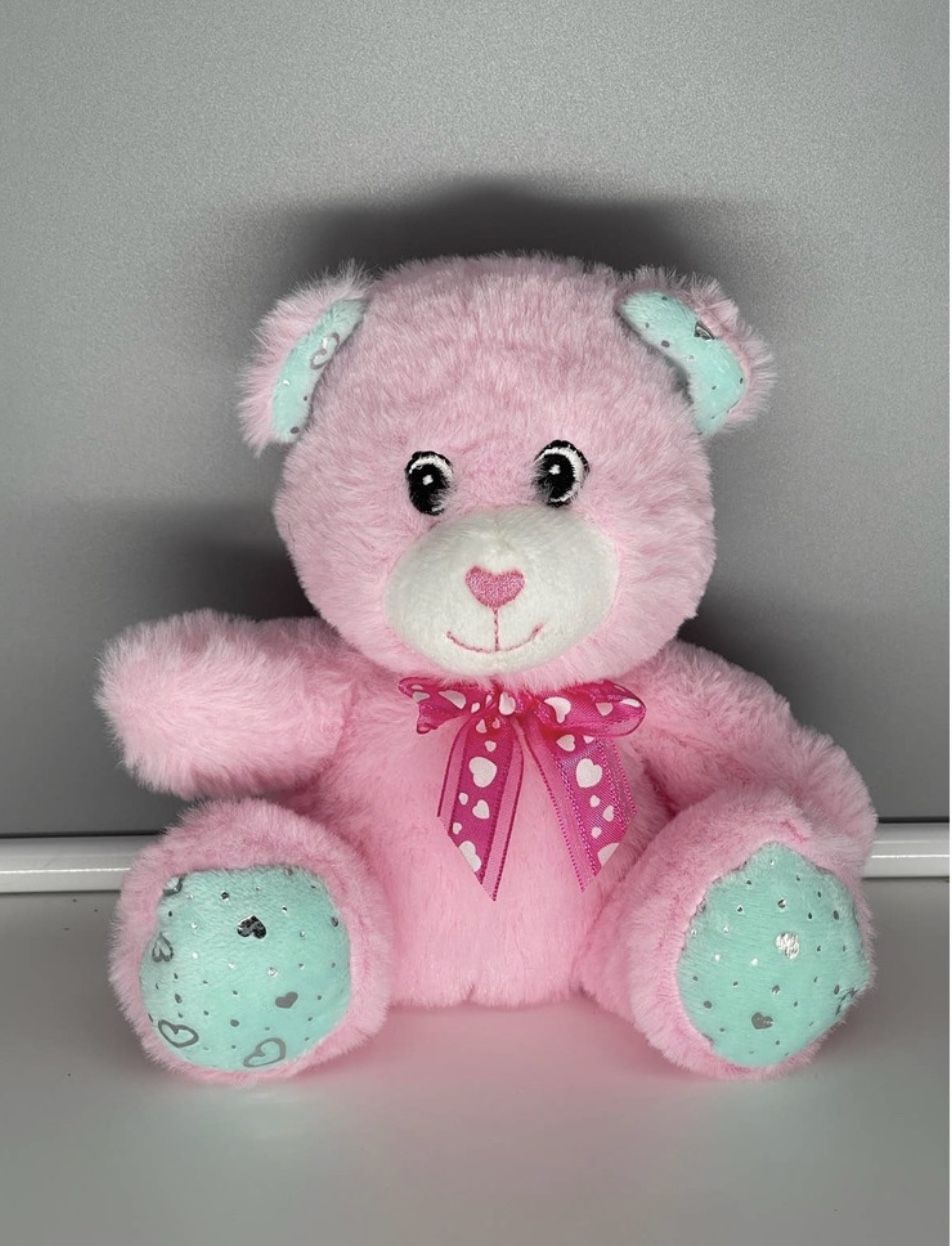 Greenbrier plush pink teddy bear blue ears feet hearts bow NWOT