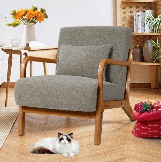Living Room Chair Mid Century Modern Accent Chair Sherpa Reading Armchair with Waist Cushion and Solid Wood Frame for Bedroom Balcony, Taupe