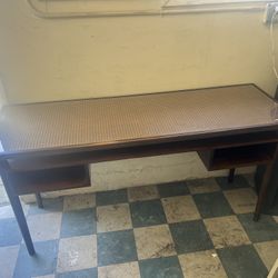 Desk: MCM Wooden Desk W/ Cane Accents, Glass Top & 2 Cubbyholes as-is (wear & tear) SKU TD83BS