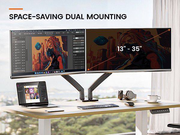 ErGear Dual Monitor Stand Mount, Ultrawide 13-35 Inch Height Adjustable Computer Screen Gas Spring Monitor Arm Desk Mount Full Motion
