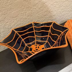 Disney Mickey Mouse Halloween Spider Web Candy Bowl Black Orange 11" Disneyland