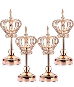 Mumufy 4 Pcs Gold Crystal Candle Holders Crown Candlestick 13.8 Inches Tealight Holders Metal Candelabra Vintage Votive Candlesticks Elegant Candle Ce