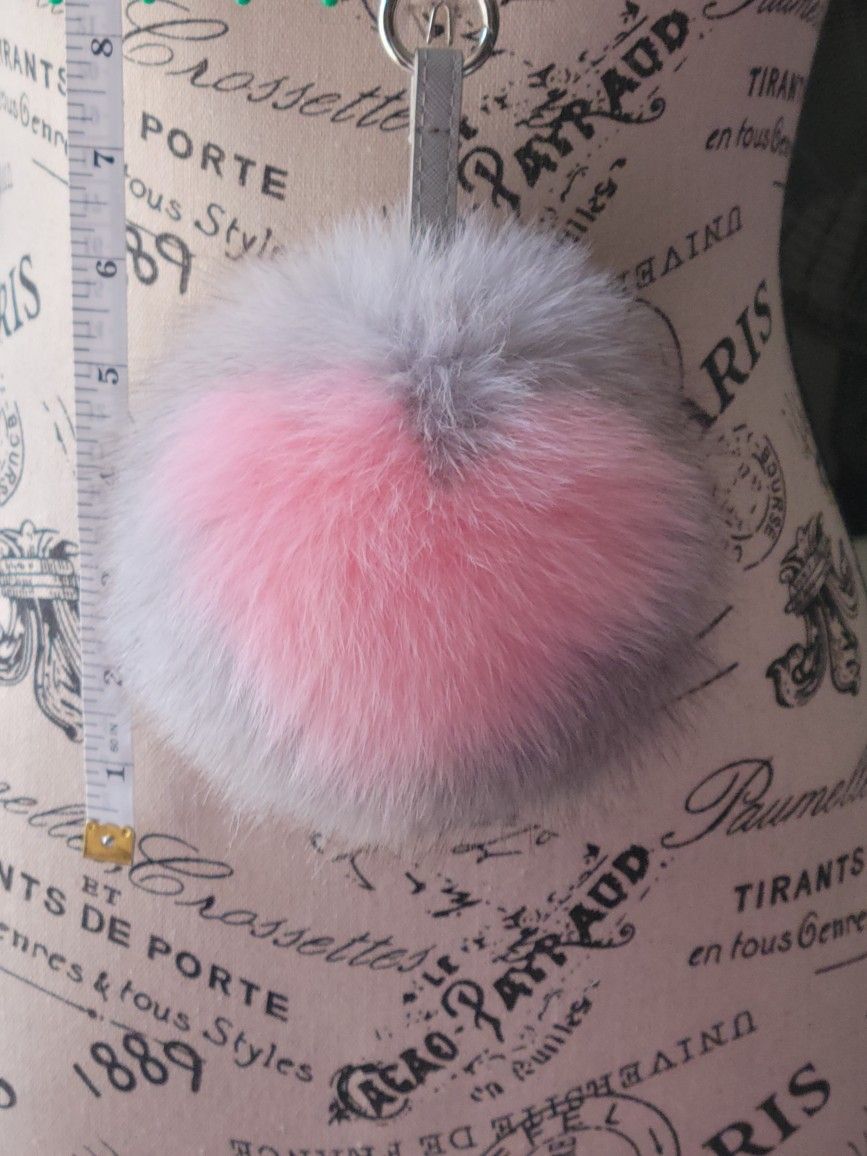 10" Long Grey w/Pink Heart Fur (6 1/2") Pom Pom Keychain + 2 Fur Freebies