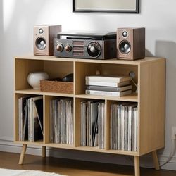Cozy Castle Record Player Stand with Vinyl Storage Cabinet, Wood Turntable Table Open Shelf Holder Up to 350 Albums Cube Storage Organizer for Living 