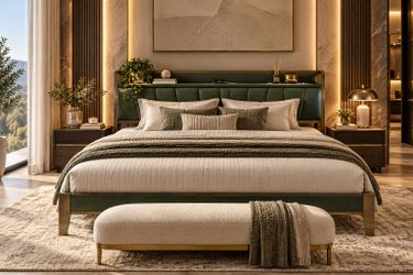 King Bed Frame with Storage Headboard & Charging Station
Dark Green Upholstered Platform Bed Frame, Sturdy Noise-Free Metal Support, No Box Spring Nee