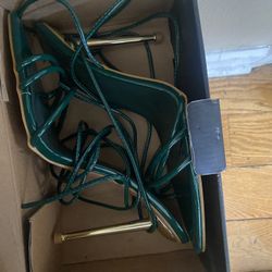 Fashion Nova Green and Gold Strappy Heels