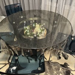 Modern Glass Top Dining Table With 4 Blue Glass Plastic Chairs 
