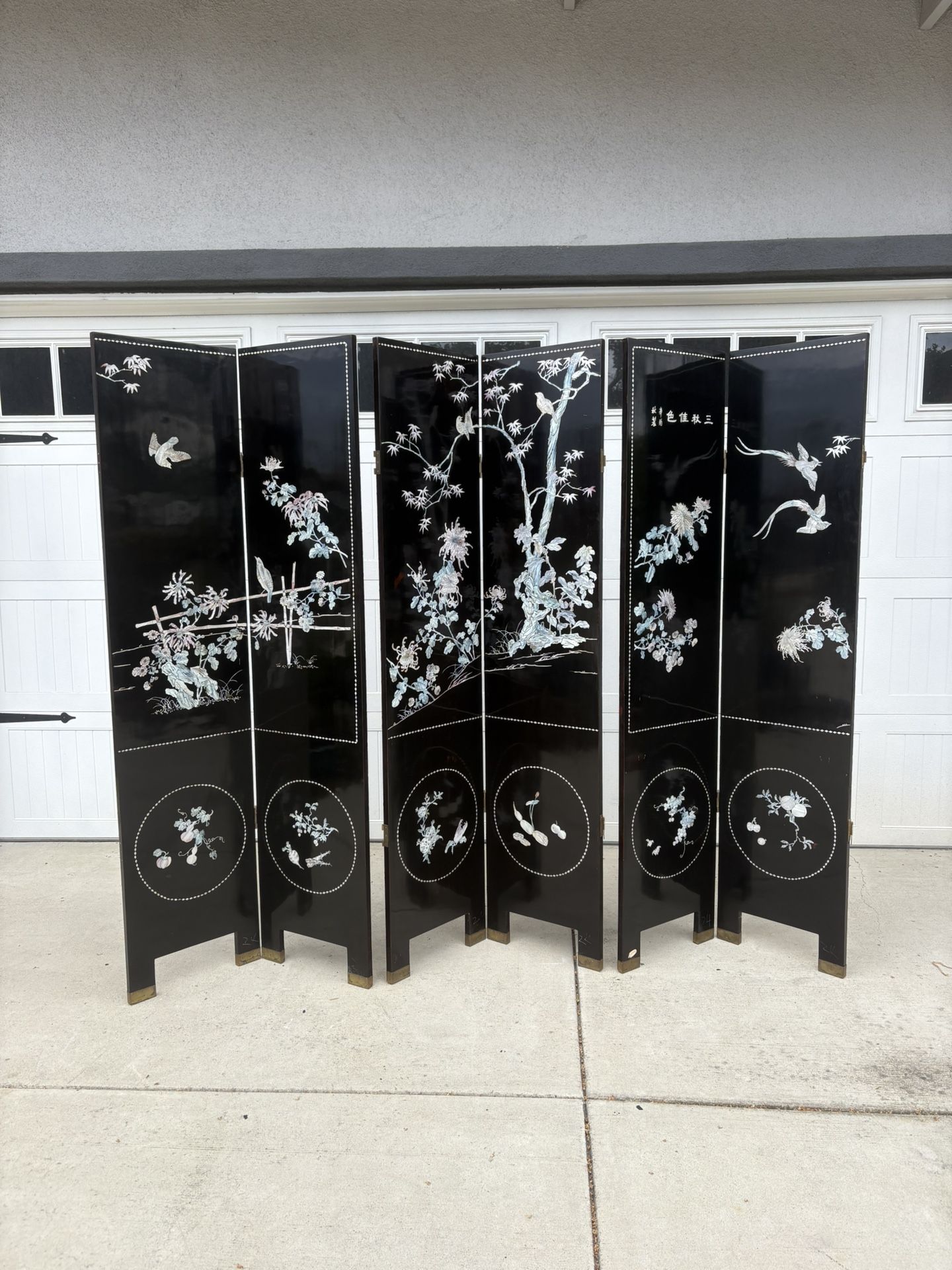 Vintage Chinoiserie Black Lacquer 6 Panels Room Divider