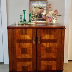 MCM Geometric Multi-Colored Wood Inlay Rolling Cabinet & Accessories