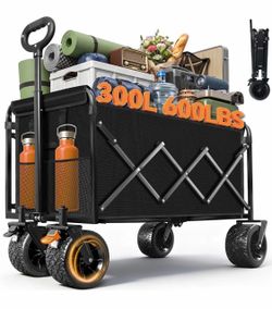 Wagons Carts Foldable Heavy Duty, Extra Large 600LB Beach Wagon Cart, Black 300L Collapsible Wagon Cart, 360° Swivel Wheels & Brakes, Foldable All-Ter