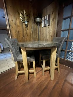 Gray Marble 40” Round Counter W 2 Gray And Wood Tall Chair 23”