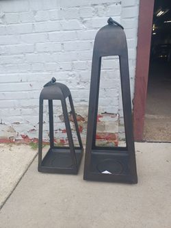 Arhus cast metal candle lanterns. $30 for both.