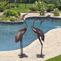 Cast Aluminum Cranes for Yard Garden Sculpture Pair Statue - Upright and Preening Standing Crane Heron Couple Sculpture Set, Bronze