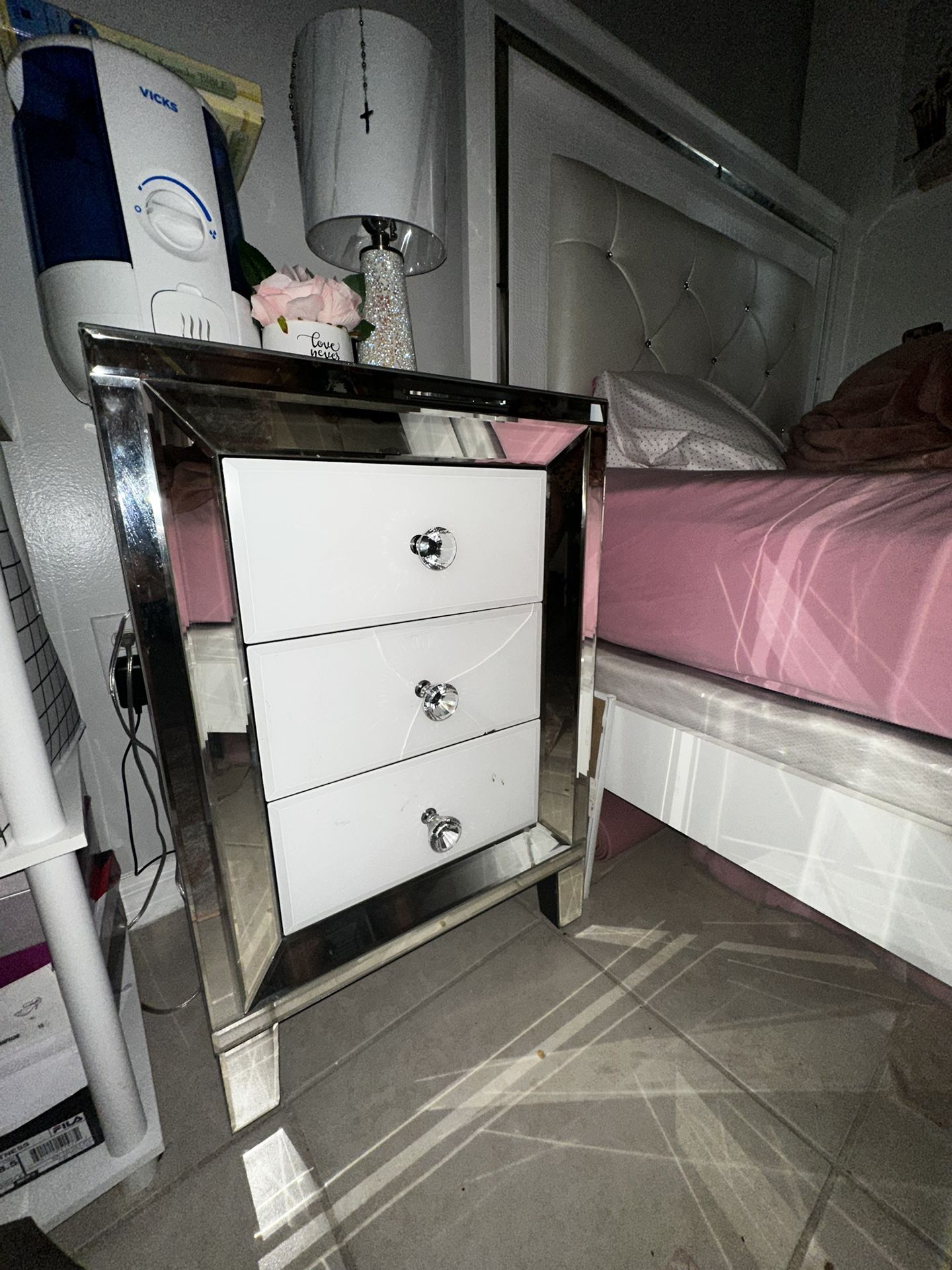 White Mirrored Glass Nightstand w/ Crystal Knobs