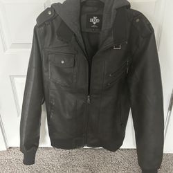 Black Leather Bomber Jacket With Built In Hood