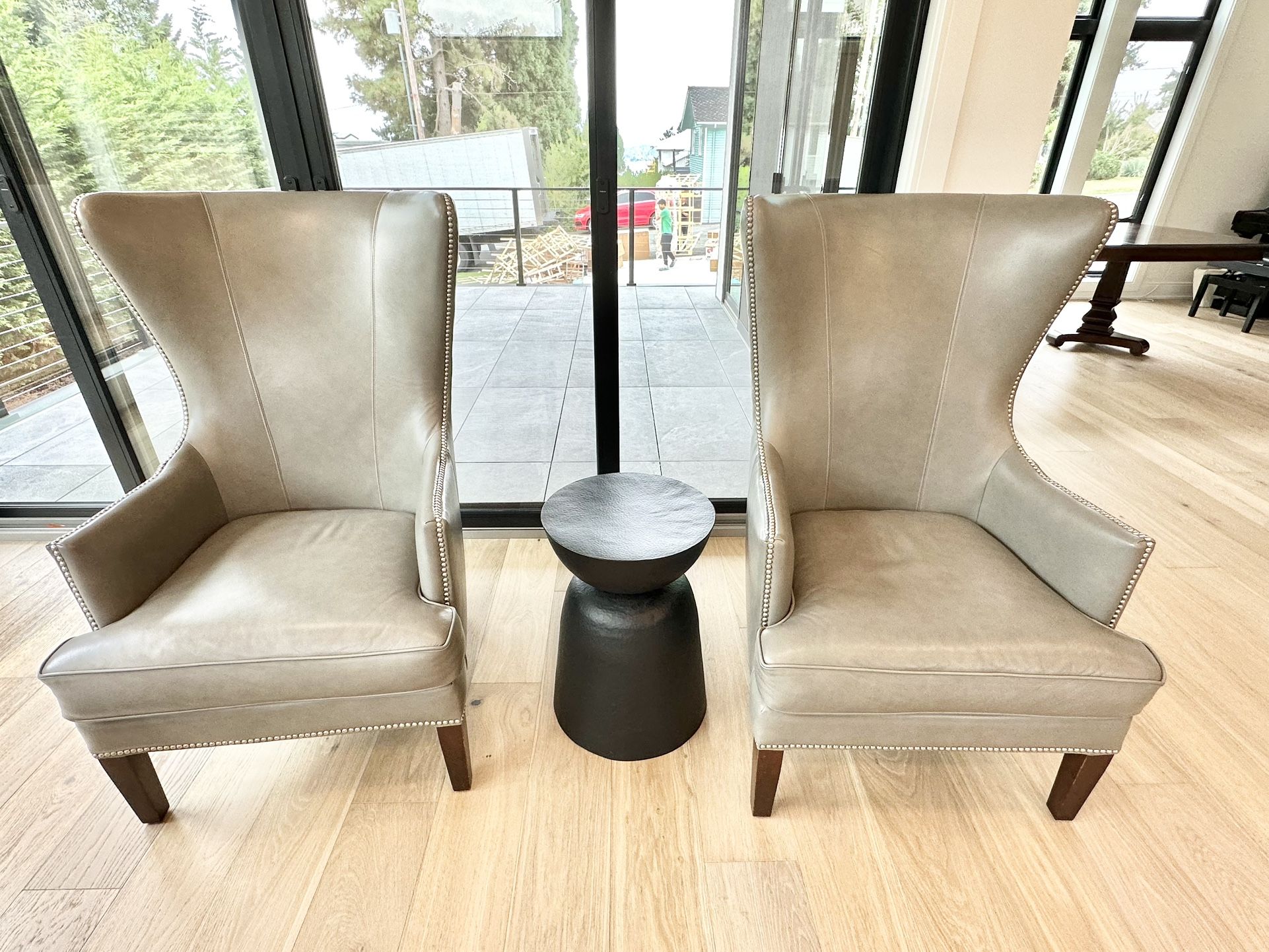 Pair of Designer Bassett Whitney Leather Wingback Chairs – Custom Gray Leather