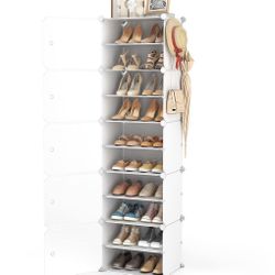 10 Tiers Tall Shoe Rack 20 Pair Shoe Organizer Narrow Shoe Rack with Door Portable Shoe Storage Cabinet with Hooks Sturdy Plastic Wh🆕👍Retails $39.99