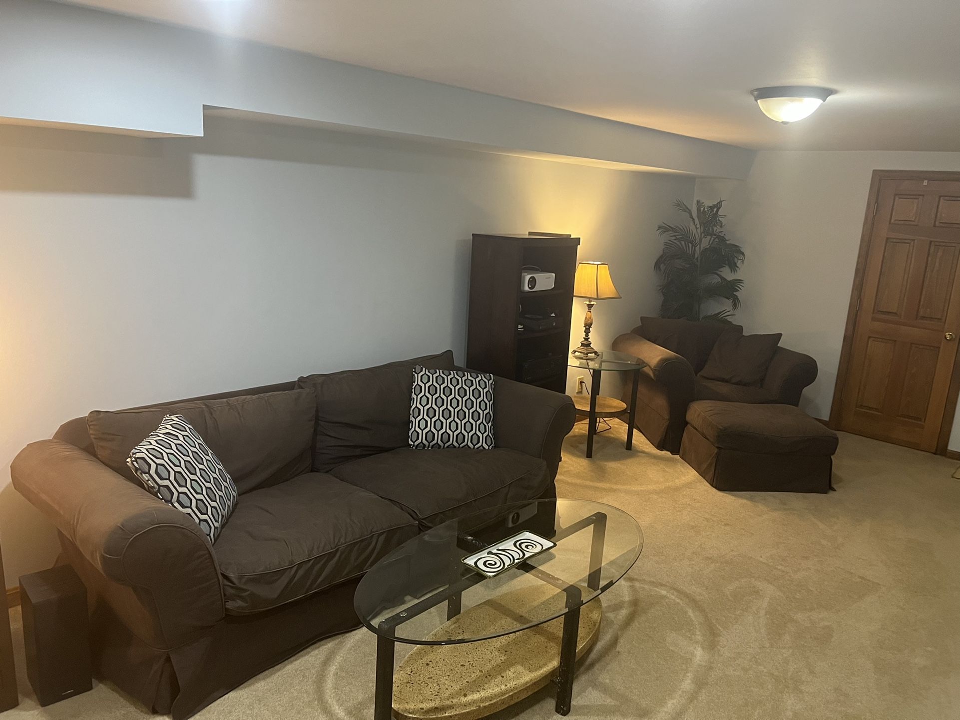 Furniture, Couch, Chair W/ottoman, Glass Top End Table.