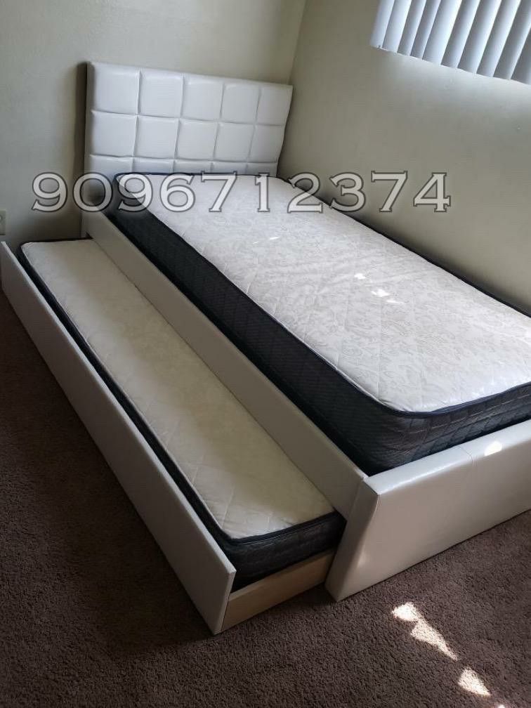 Twin Twin White Trundle Bed With Orthopaedic Mattress Included