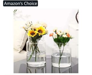 New Large Glass Vase, Clear Glass Vase Set of 2, Large Flower Vases for Bouquet, Tall Wide Mouth Vases for Flowers, Home, Wedding, Living Room, Office