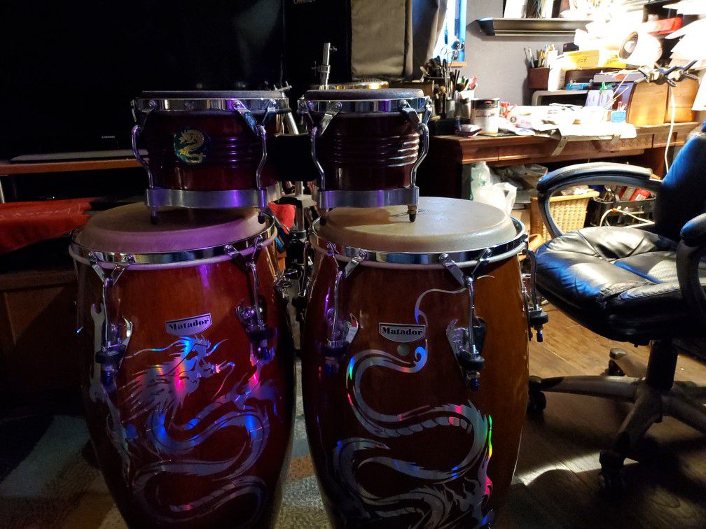 Lp Congas  ( Matadors Set  ) 10 3/4  and 11 3/4 " And Bongos  30" In Height 