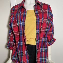 Allison Daley Size 18W Red Plaid Button Front Roll Tab sleeve top blouse shirt